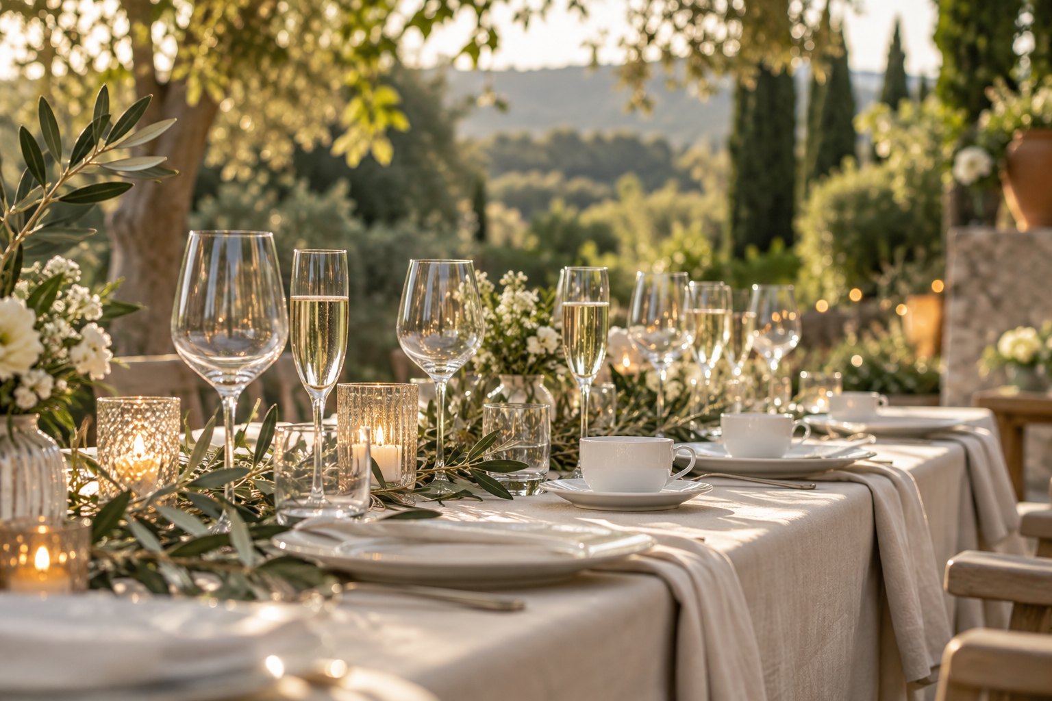 Festlich gedeckter Tisch im Garten mit Gläsern und weißem Kaffeegeschirr