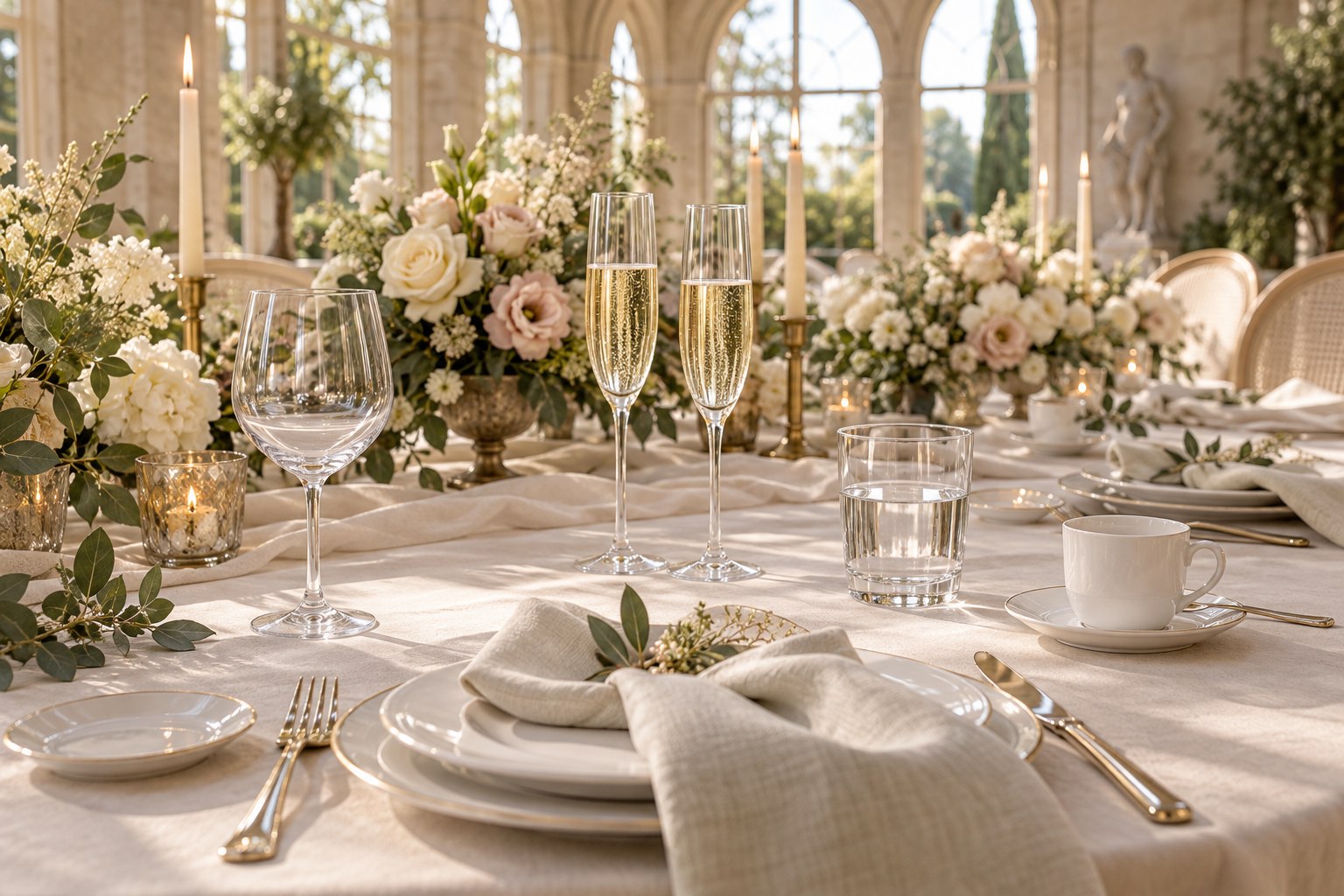 Illustrative Hochzeitstafel mit weißen Blüten, Kerzen, Weingläsern, Sektgläsern, Wasserglas und Kaffeetasse